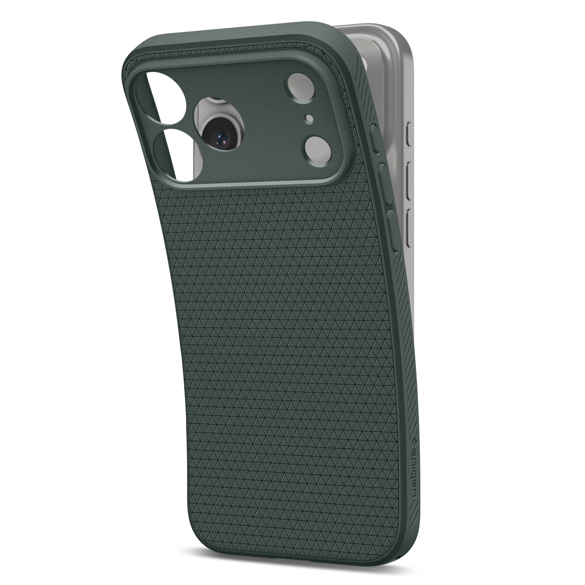 Een grijs beschermend hoesje met een getextureerd ruitpatroon op de achterkant, gedeeltelijk op een zilveren smartphone.