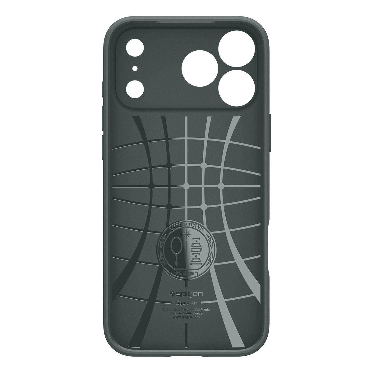 Donkergrijze smartphonehoes met gebogen lijnpatroon en Spigen-logo aan de binnenzijde.