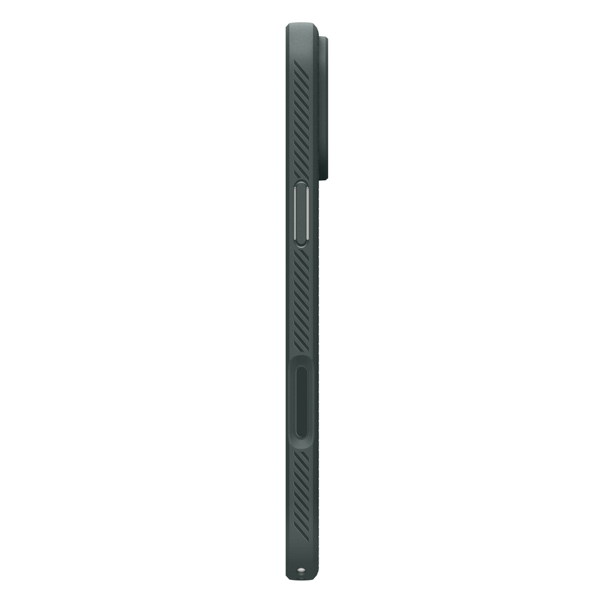 Zijaanzicht van een grijs smartphonehoesje met knoppen en textuur.