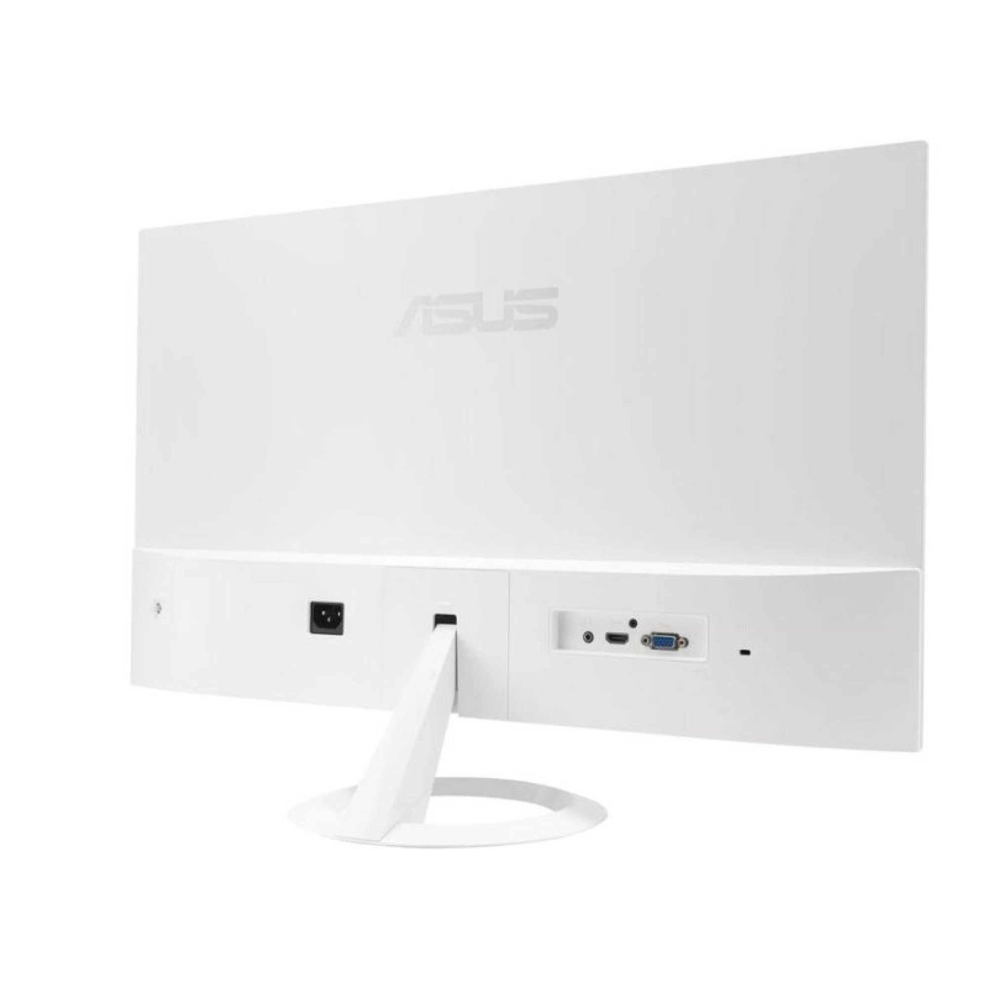 Il retro di un monitor Asus bianco con supporto rotondo e varie porte, su sfondo bianco.