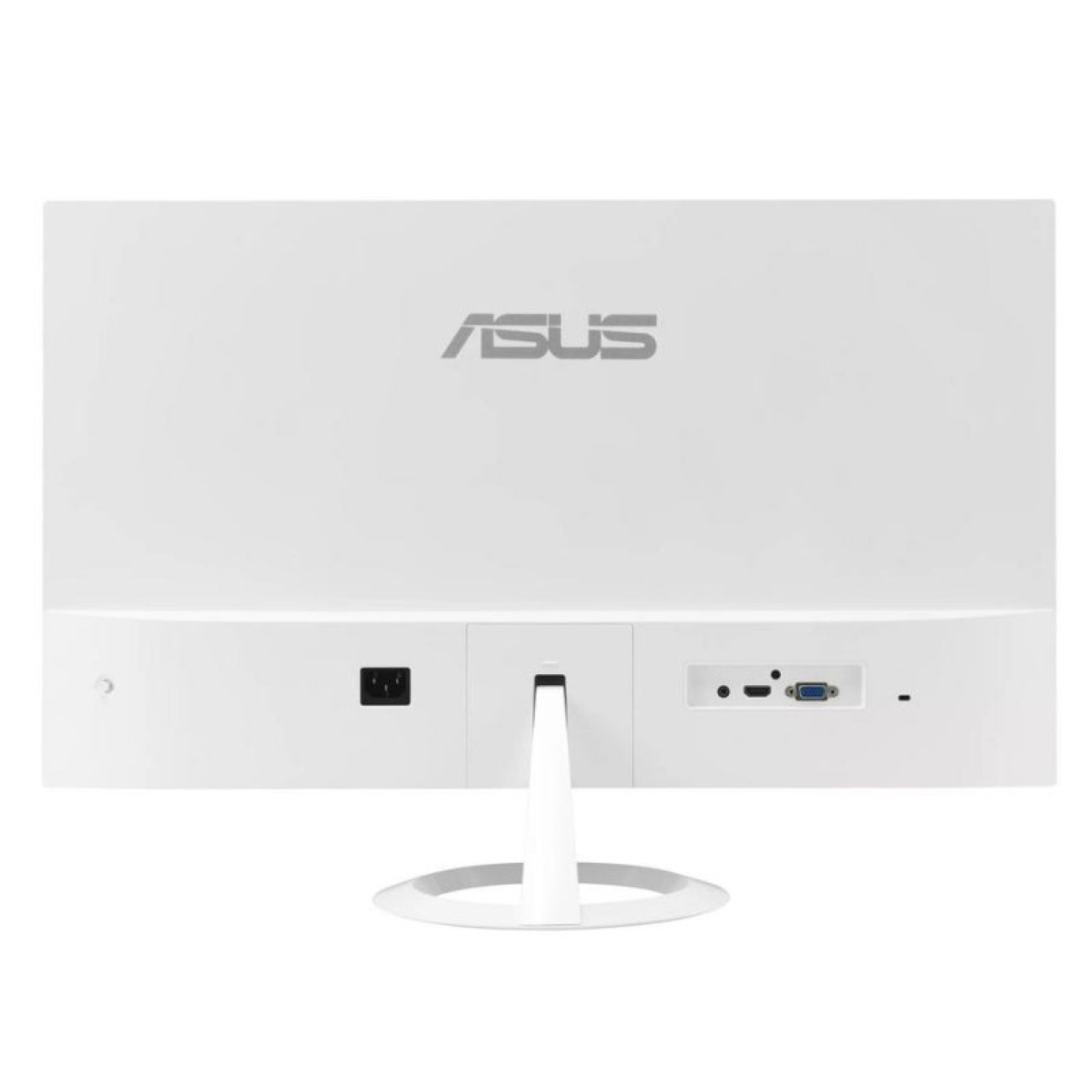 Retro di un monitor ASUS bianco con varie porte e una base circolare.