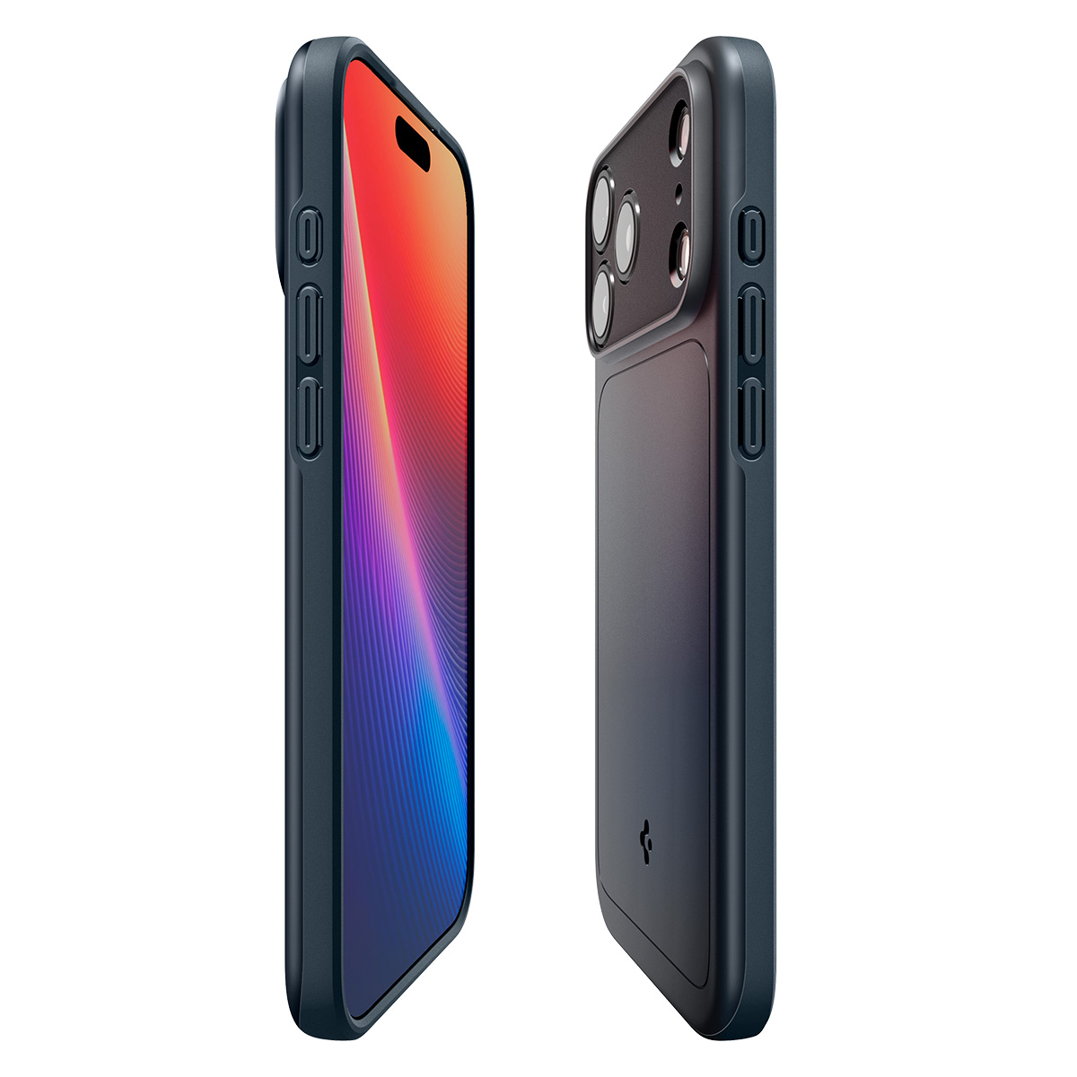 Twee weergaven van een donker smartphonehoesje met uitsparing voor de camera en knoppen.