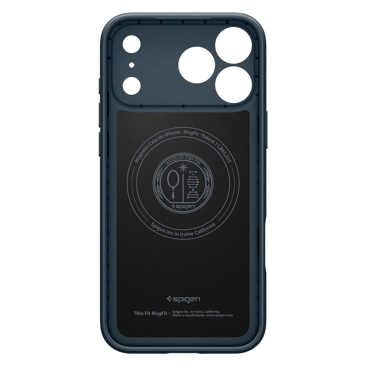 Donkerblauwe MagSafe iPhone-hoes met Spigen-logo en cirkelvormige magnetische ringen achterop.