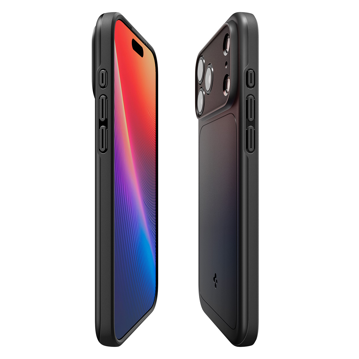 Twee zwarte smartphones tonen de voor- en achterkant met camera's en een kleurrijk scherm.