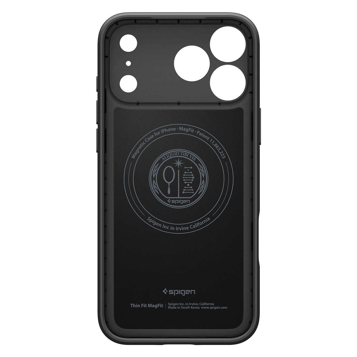 Zwarte MagSafe telefoonhoes met cirkelvormige magneet en Spigen-logo.
