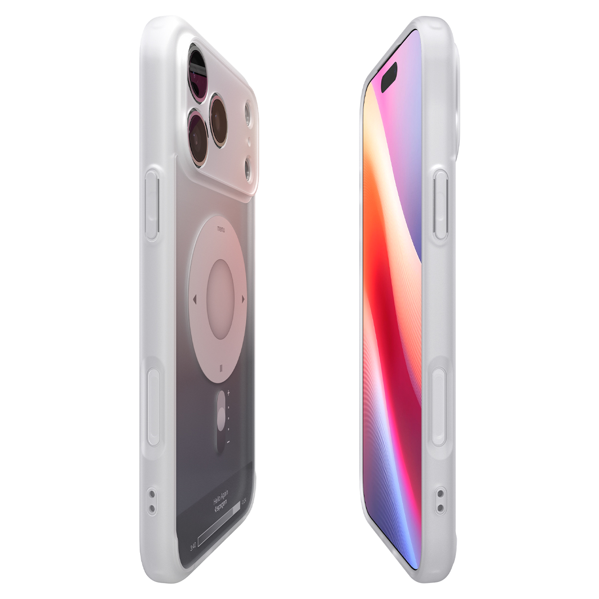 Twee witte smartphonehoesjes, de ene toont de achterkant met retro-ontwerp, de andere de voorkant.
