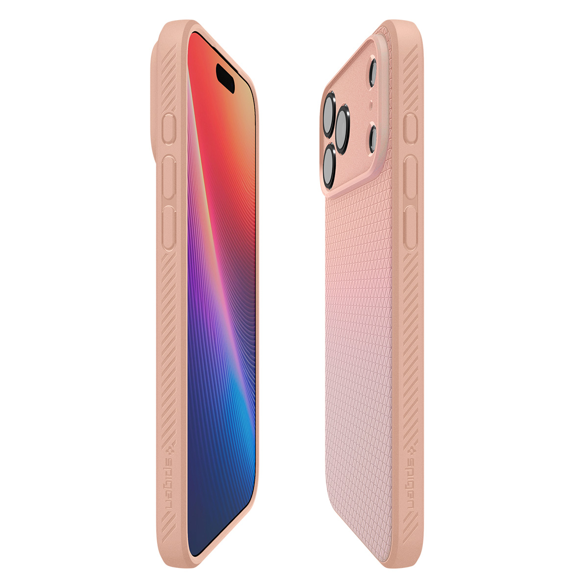 Twee weergaven van een roze smartphone in een hoesje, met het voorscherm met kleurverloop en de getextureerde achterkant.
