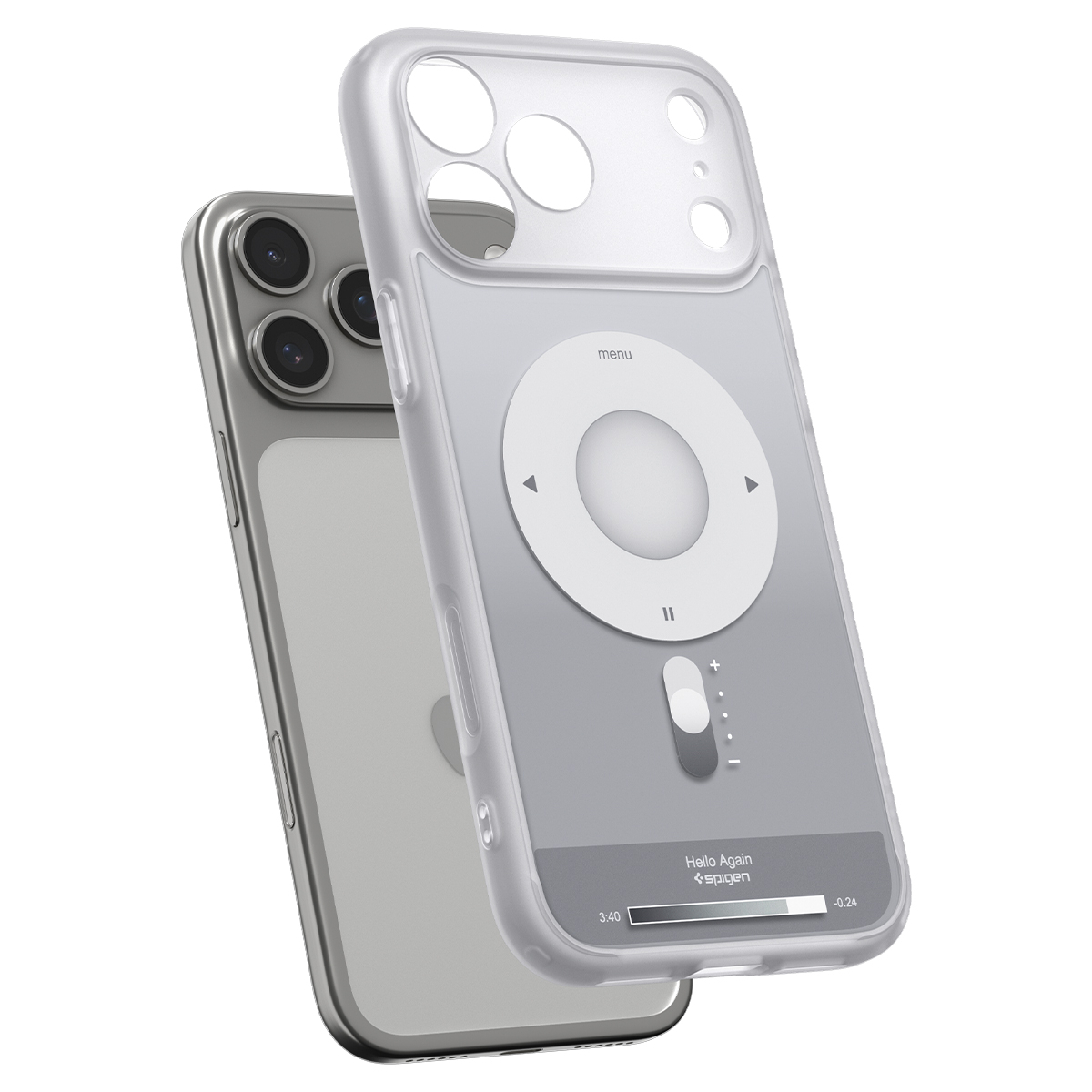 Een smartphone in doorzichtige hoes met iPod Classic click wheel ontwerp op de achterkant.