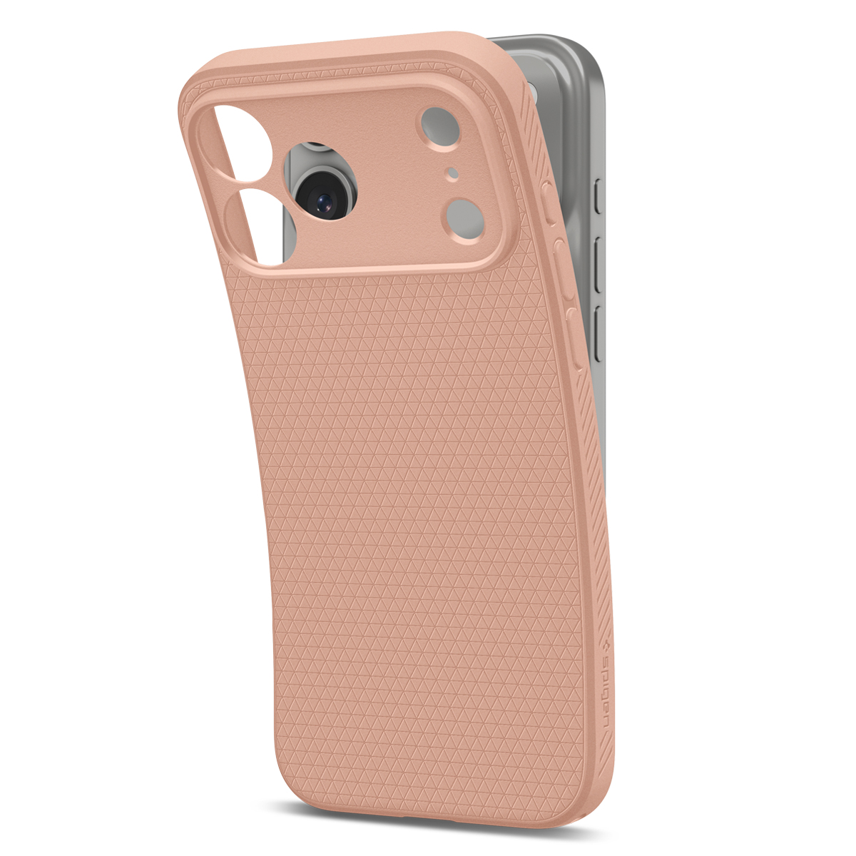 Een grijze smartphone wordt in een roze hoesje met een gestructureerd patroon geplaatst.