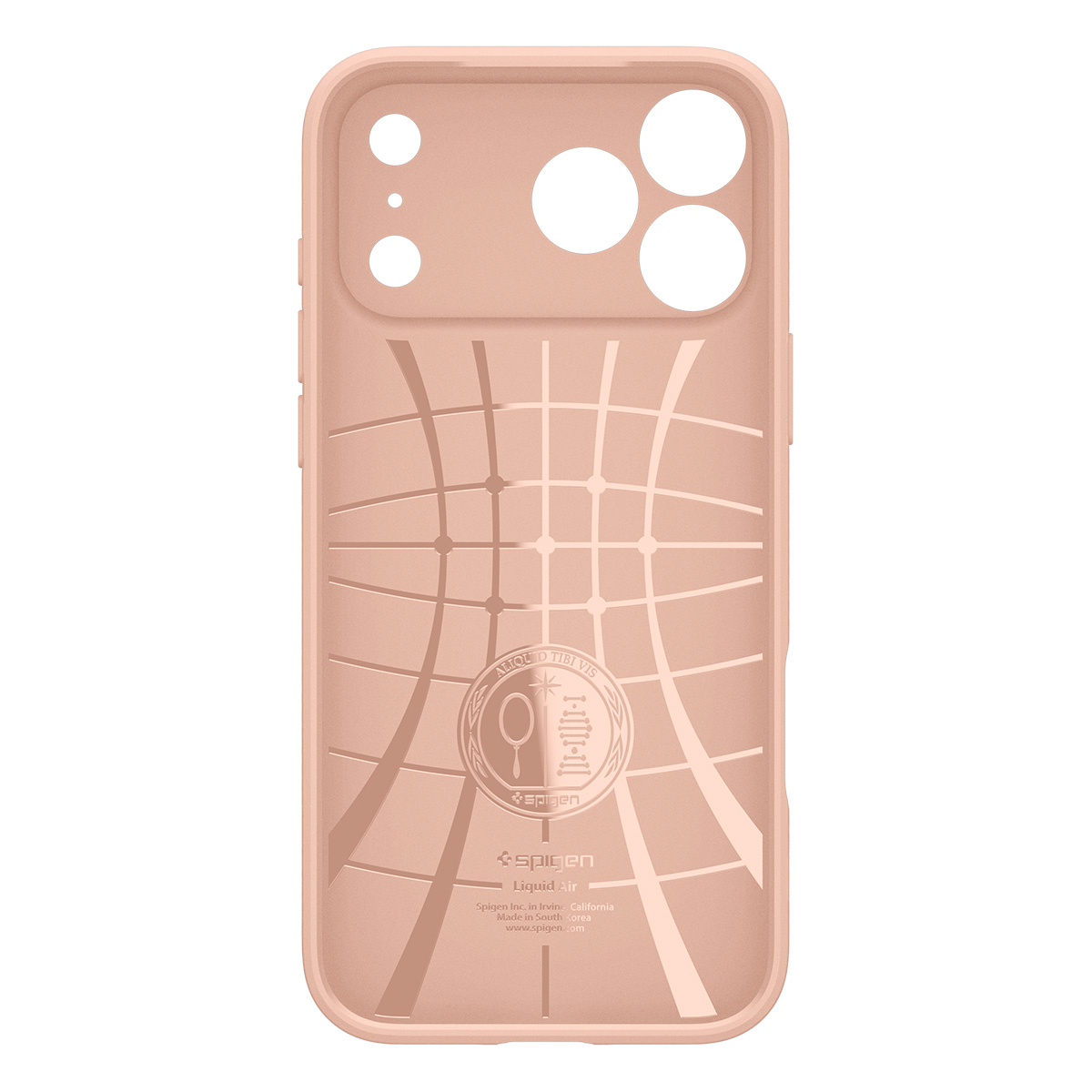 Een roze telefoonhoesje met een geometrisch patroon en ronde camera-uitsparingen op de achterkant.