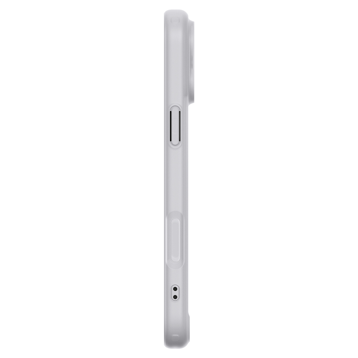 Zijaanzicht van een witte smartphonehoes met knoppen en openingen op een witte achtergrond.