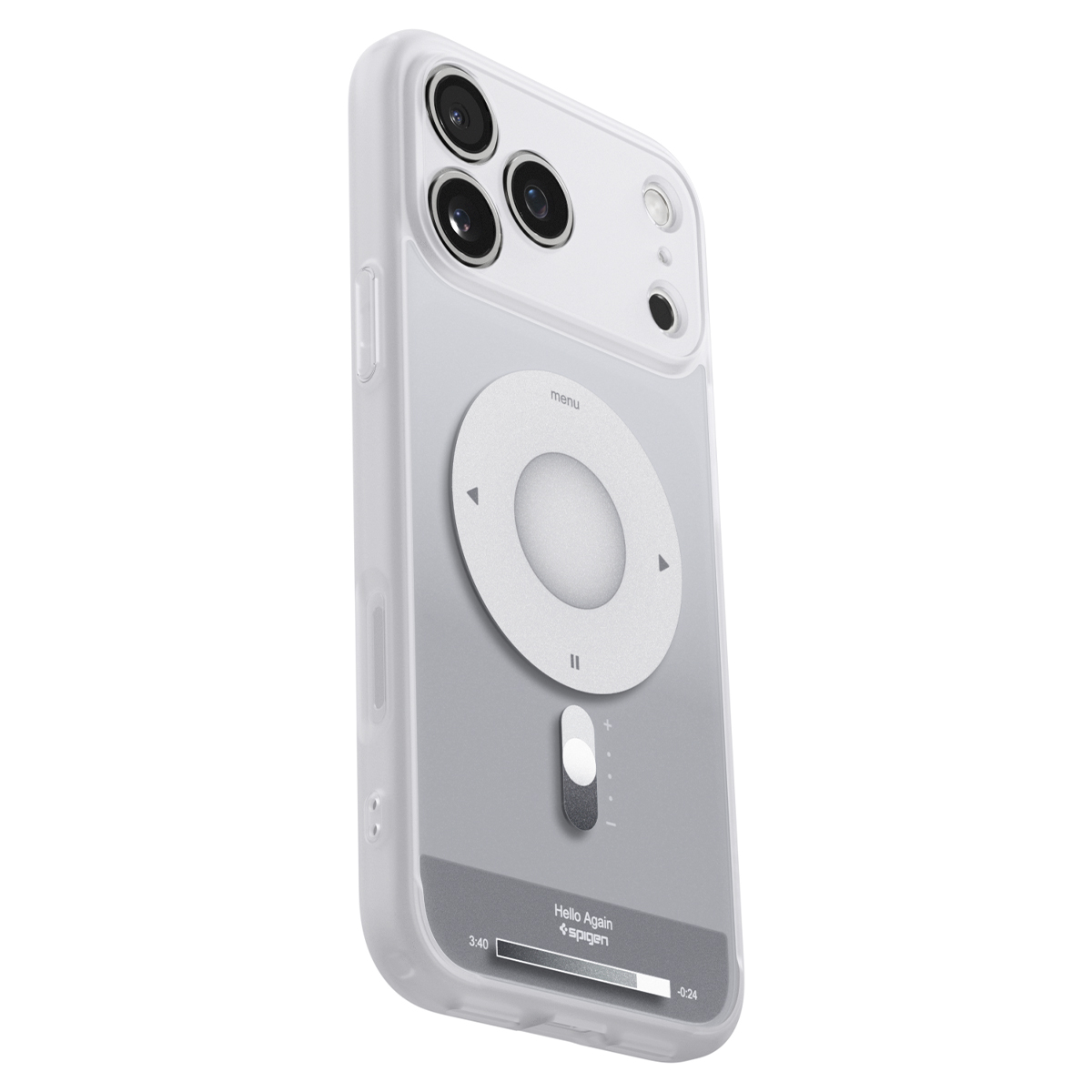 Een witte smartphonehoes met iPod-ontwerp, klikwiel en drie cameralenzen op een witte achtergrond.