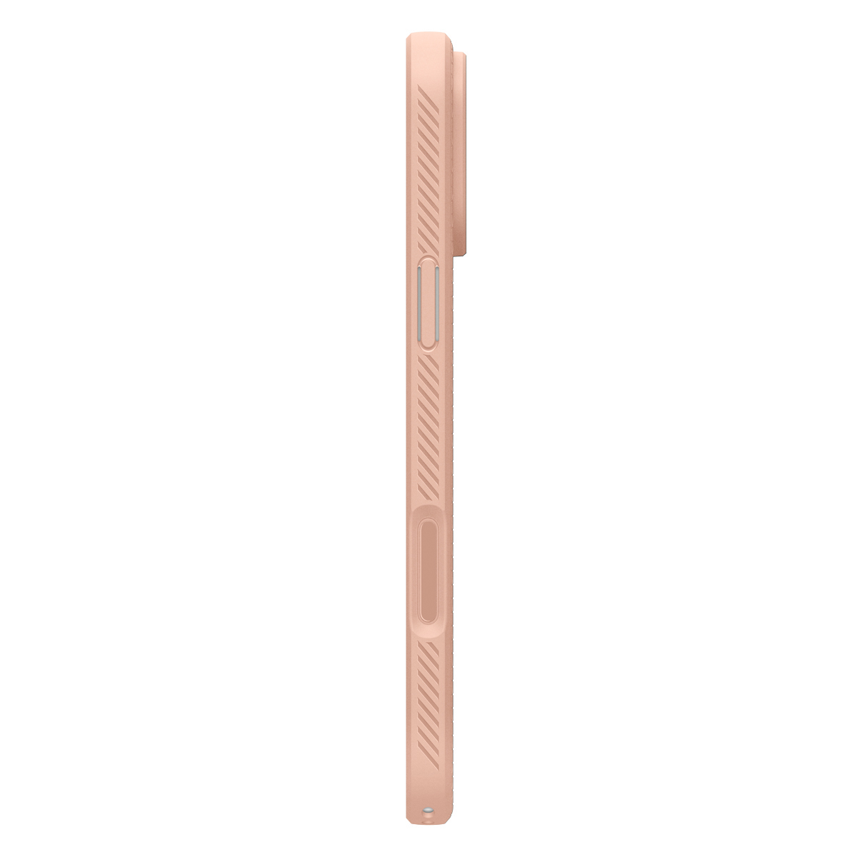 Zijaanzicht van een roze beschermhoesje voor een smartphone met knoppen en patronen op een witte achtergrond.
