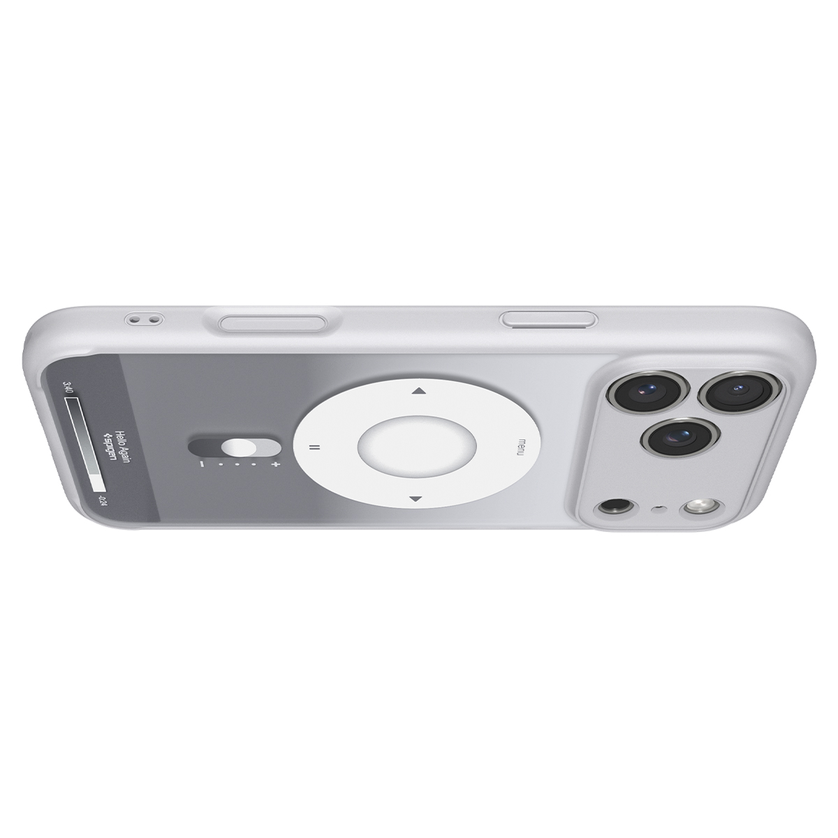 Een grijze smartphone in een hoesje toont een iPod-achtige interface op het scherm.