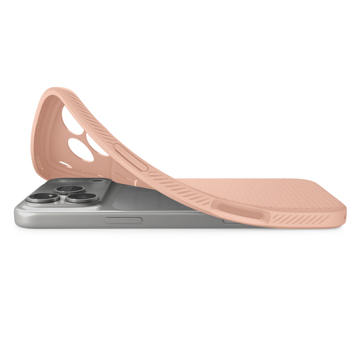 Een flexibel roze hoesje wordt van een zilveren smartphone afgehaald.