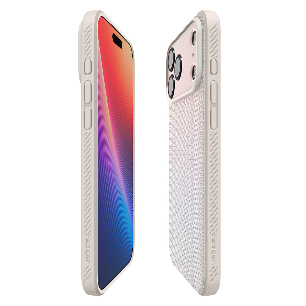 Twee weergaven van een roze smartphone in een witte, getextureerde hoes.