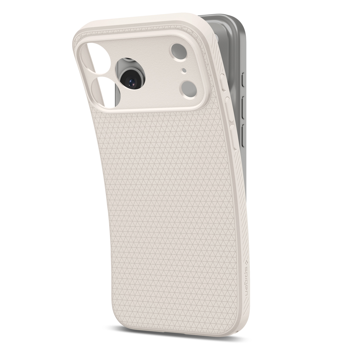 Een crèmekleurig, getextureerd telefoonhoesje op een grijze smartphone tegen een witte achtergrond.