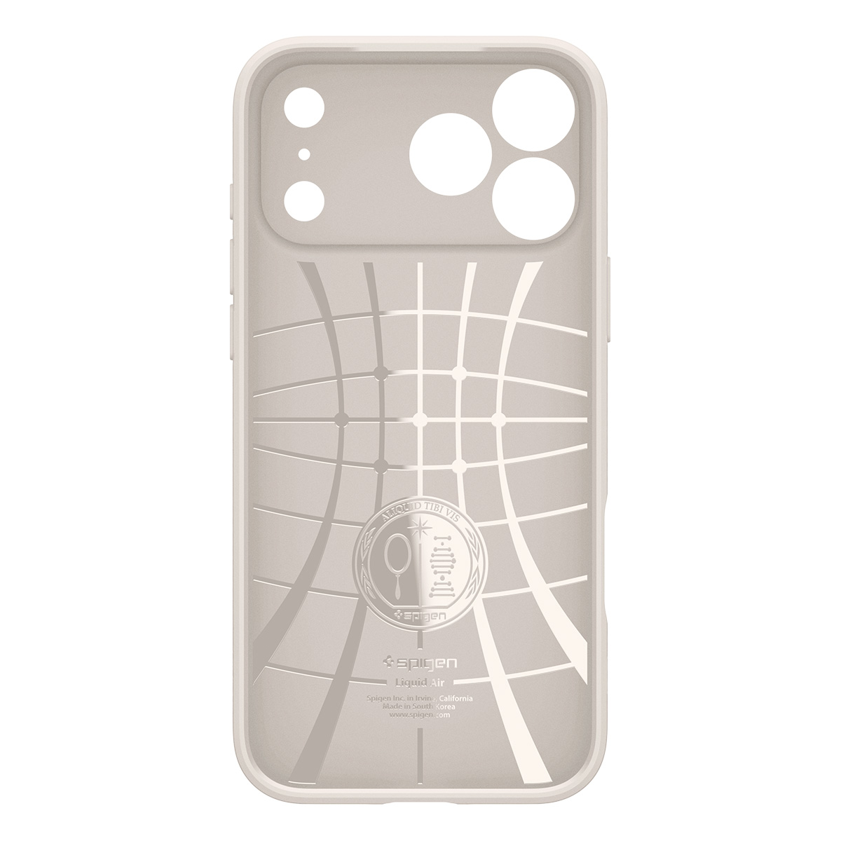 Beige smartphonehoesje met een patroon van een raster en cirkelvormige camera-uitsparingen.