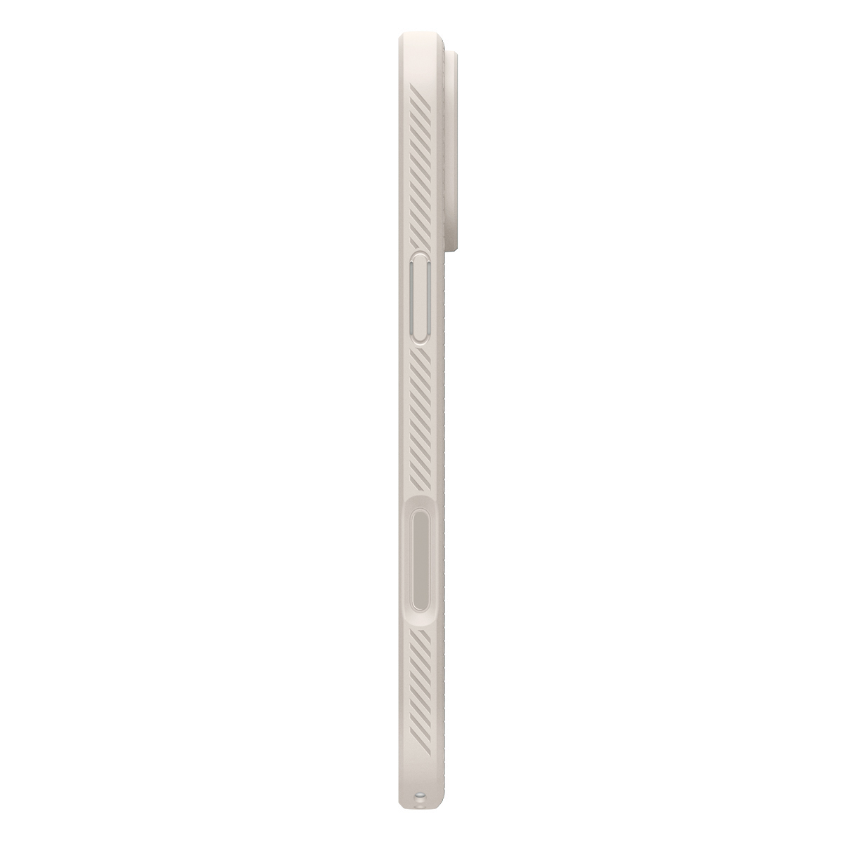 Zijaanzicht van een beige telefoonhoesje met een gestructureerd patroon en knoppen.