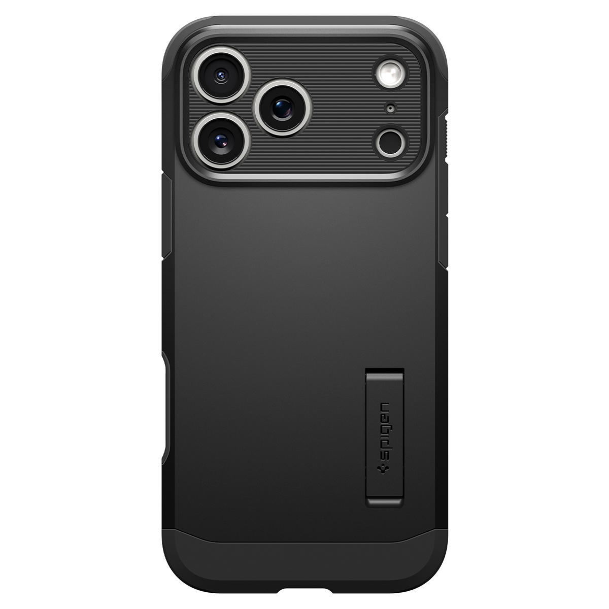 Coque de téléphone noire avec découpe pour triple caméra et béquille intégrée.