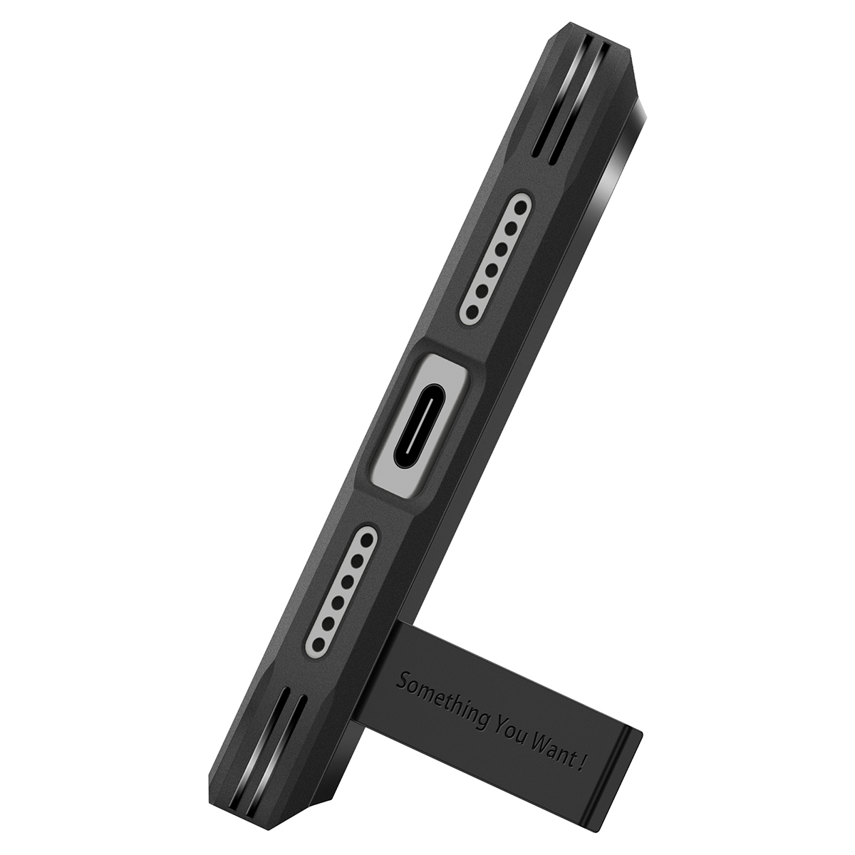 Base d'une coque de téléphone noire robuste avec haut-parleurs, port de charge et support pliant.