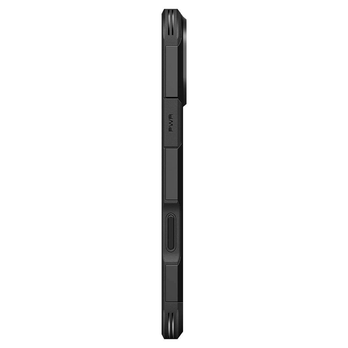 Vue latérale d'une coque de smartphone noire et robuste avec des boutons visibles sur fond blanc.