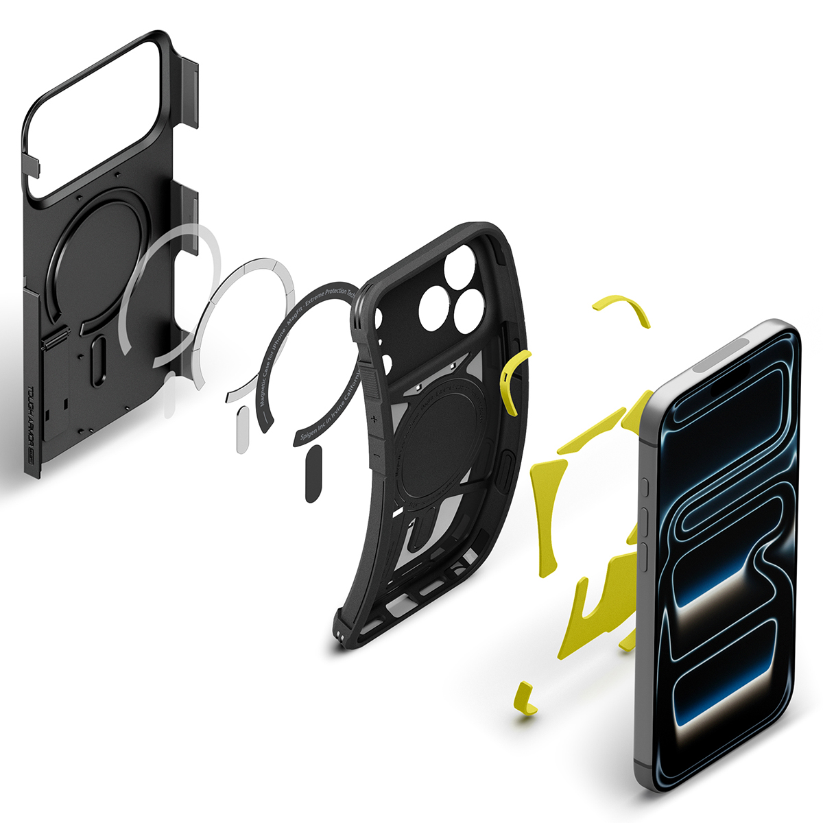 Vue éclatée d'une coque de protection avec anneau magnétique et smartphone.