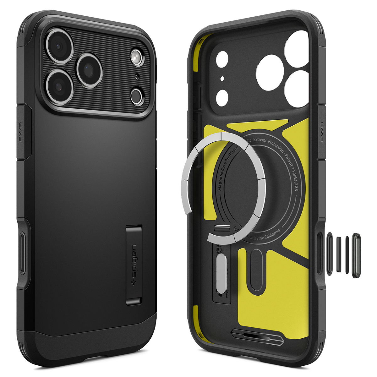 Coque de téléphone noire avec support intégré et anneau magnétique à l'intérieur de la doublure jaune.