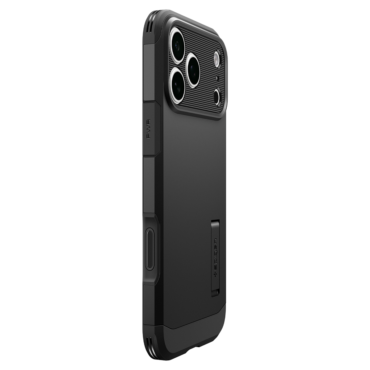 Une coque de smartphone noire et robuste avec béquille intégrée et découpe pour trois objectifs.