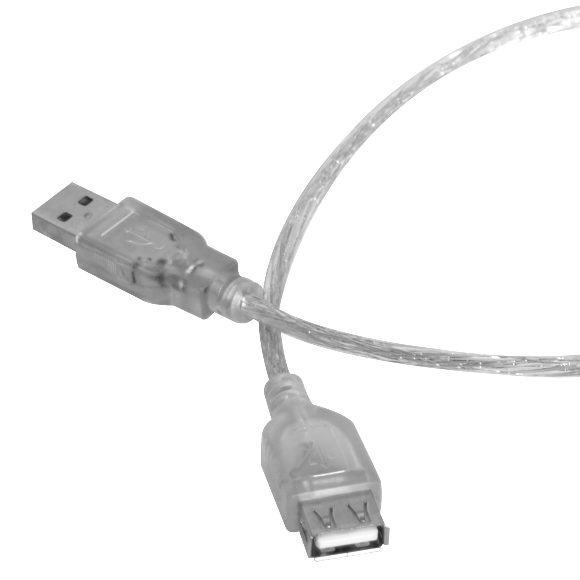 Beyaz arka planda erkek ve dişi konektörlü şeffaf USB uzatma kablosu.