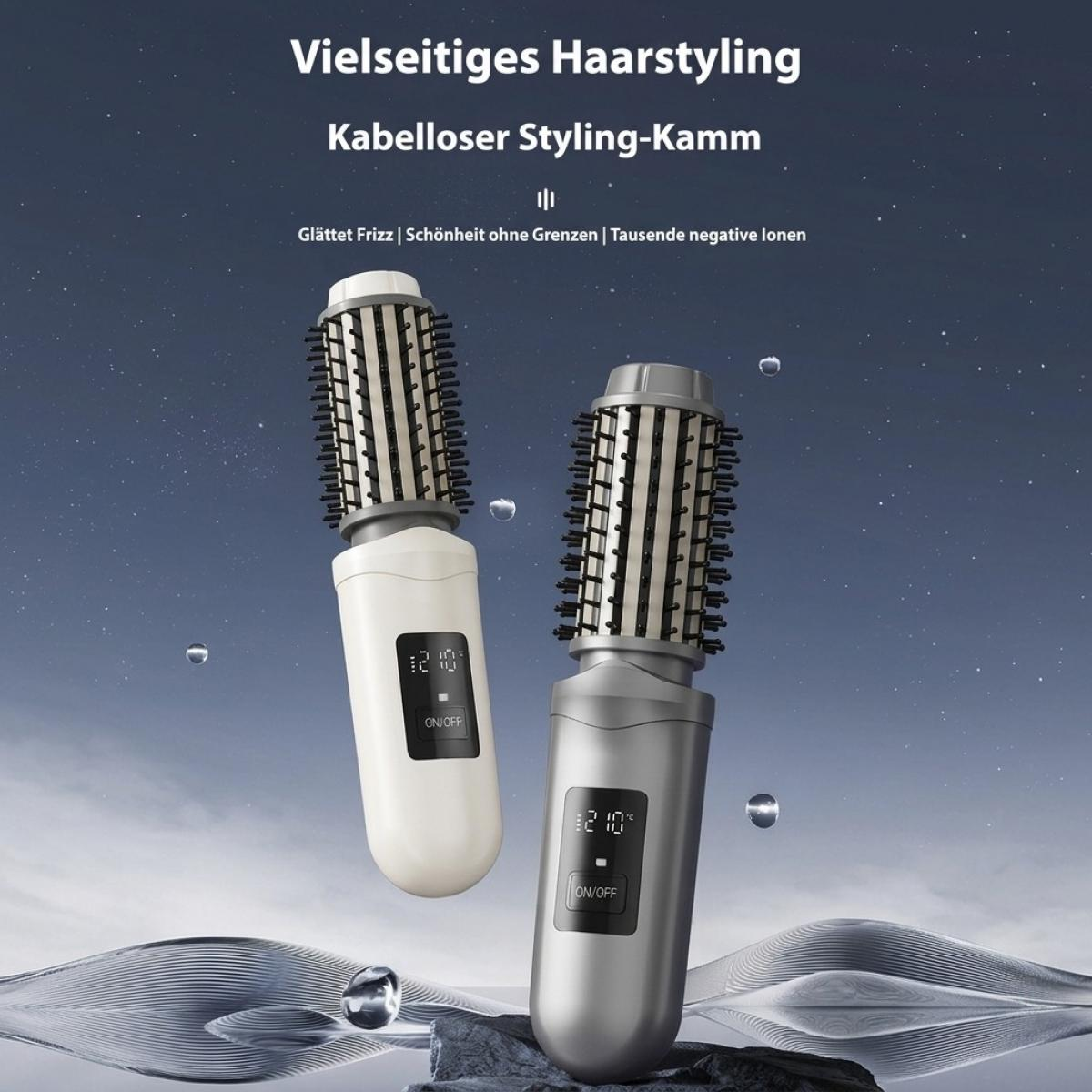 Zwei kabellose Styling-Kämme in Weiß und Grau vor dunklem Hintergrund mit Wassertropfen.