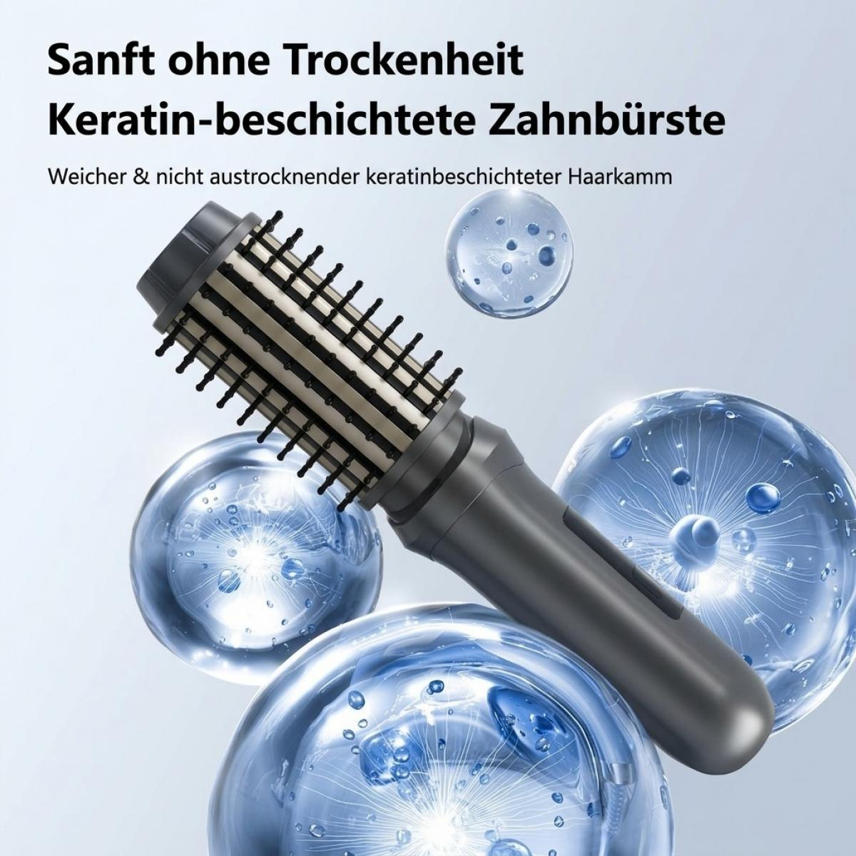 Eine keratinbeschichtete Haarbürste umgeben von durchsichtigen Wasserblasen mit deutschem Text.