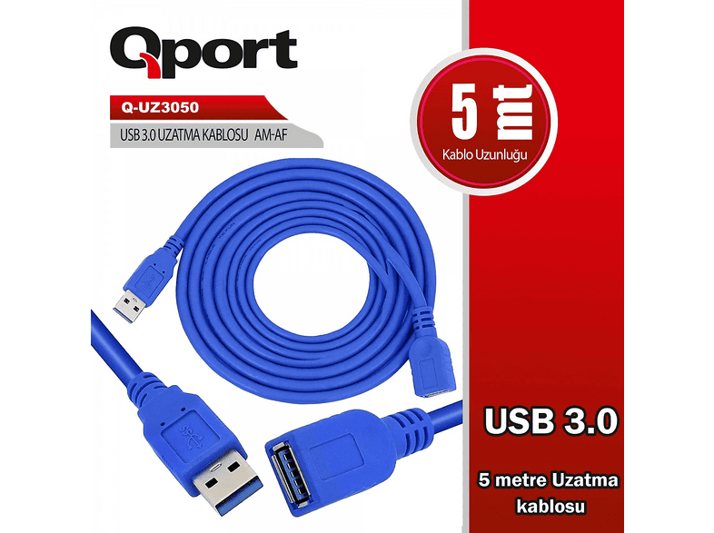 QPORT Q-UZ3050 USB3.0 5 m Uzatma Kablosu Mavi