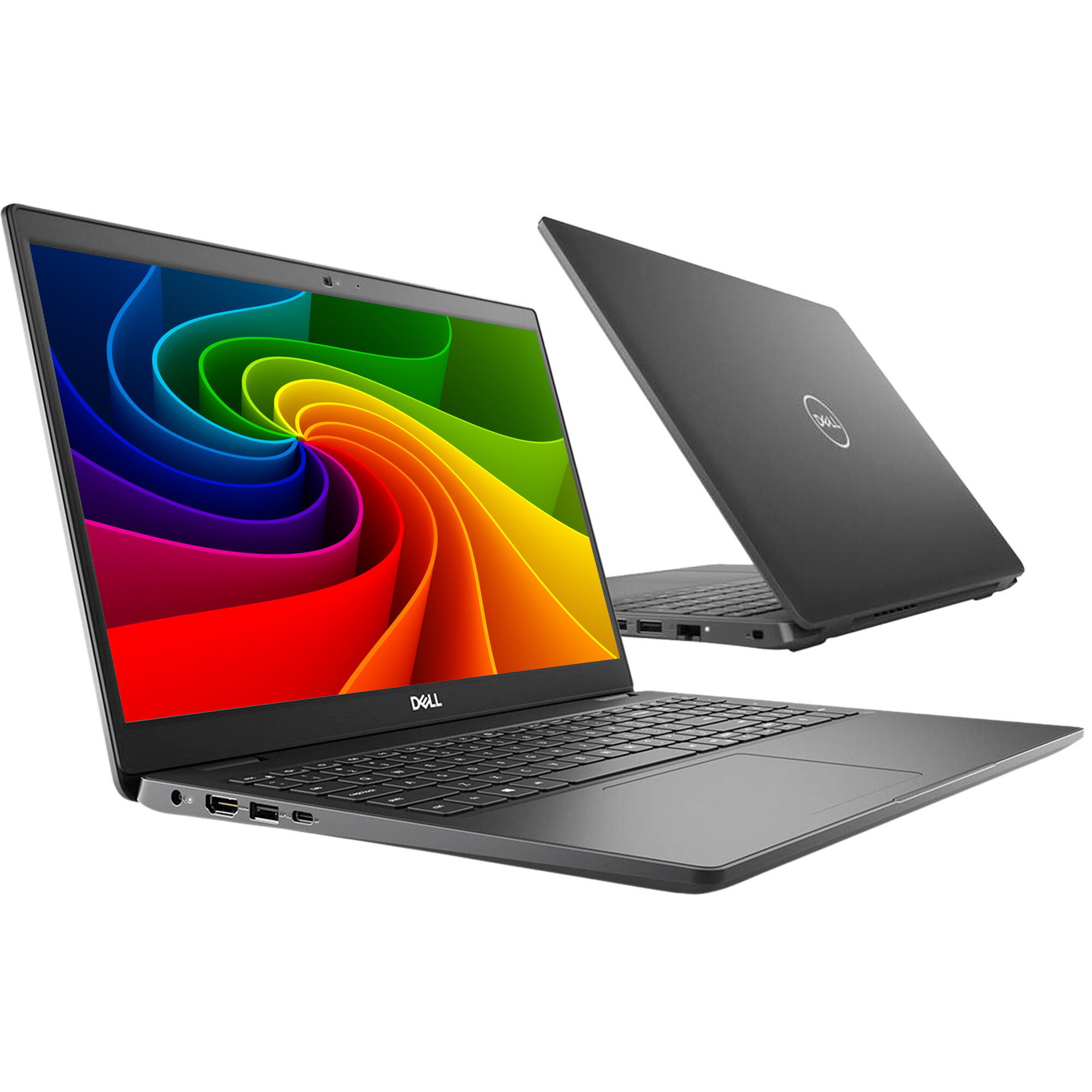 Ein schwarzer Dell-Laptop mit einem bunten, geschwungenen Muster auf dem Bildschirm und einer geschlossenen Version im Hintergrund.