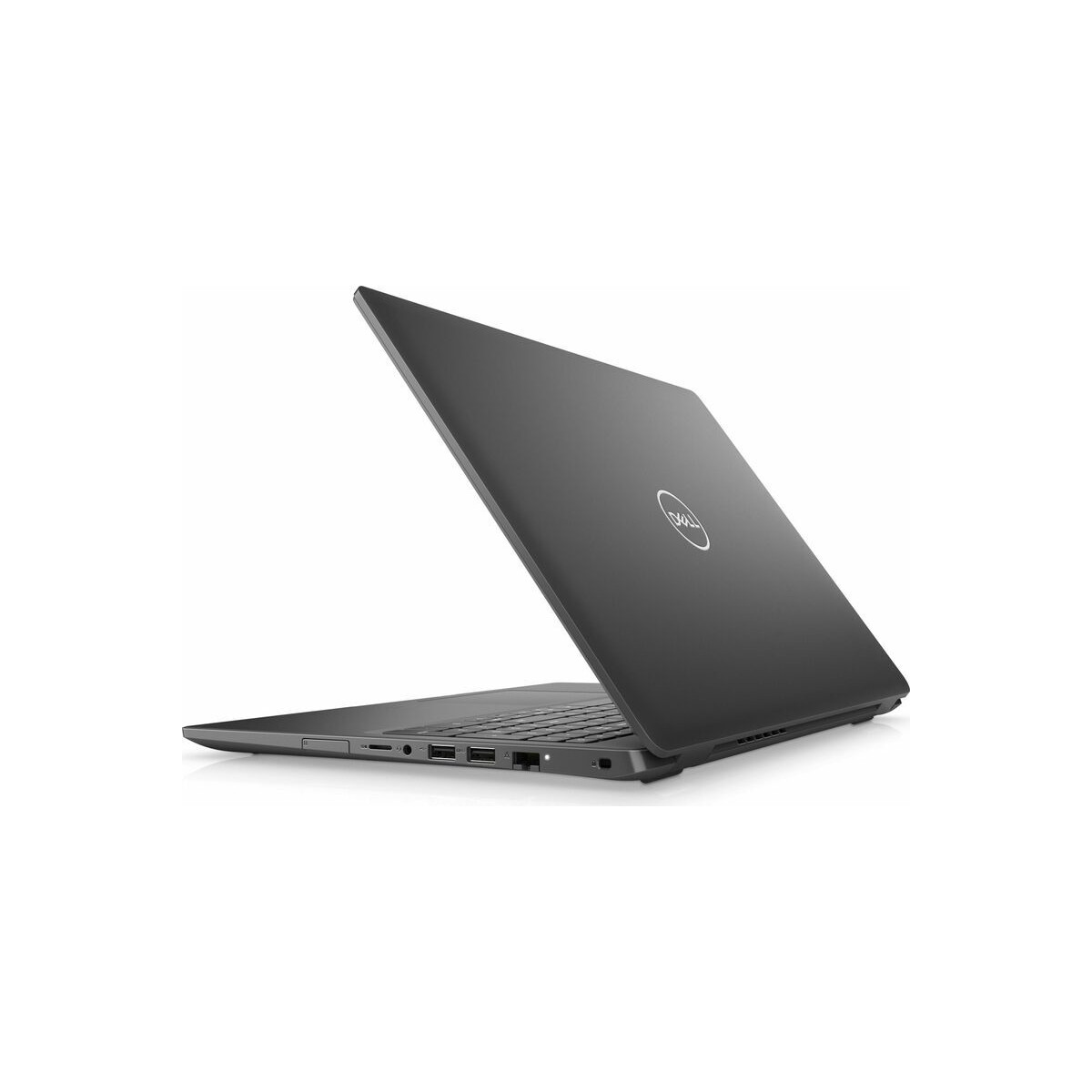 Ein grauer Dell-Laptop von der Seite und hinten auf weißem Hintergrund.