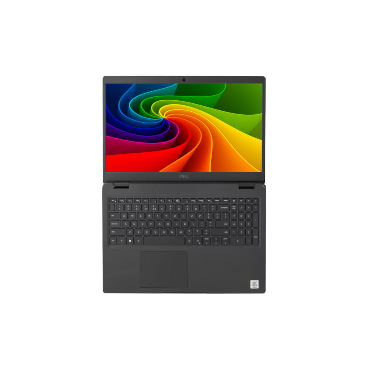 Ein schwarzer Dell-Laptop mit einem bunten, wirbelnden Regenbogen-Hintergrundbild.