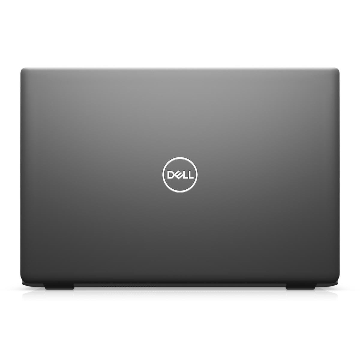 Geschlossener dunkelgrauer Laptop von Dell mit weißem Logo in der Mitte auf weißem Hintergrund.