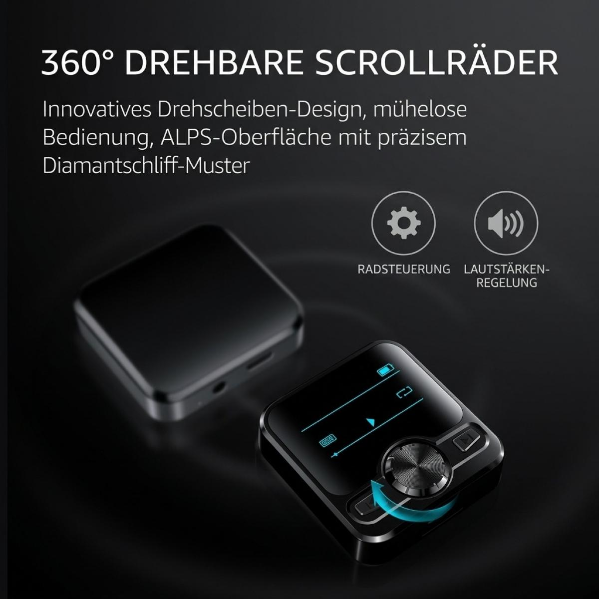 Schwarzes Gadget mit 360-Grad-Drehrad und blauem Display auf dunklem Hintergrund mit Text.