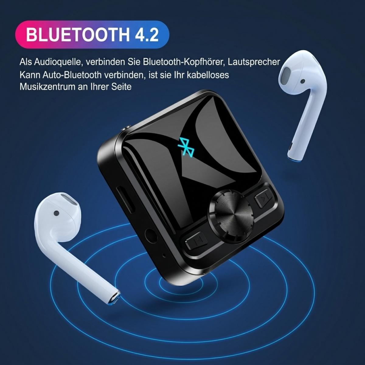Schwarzes Bluetooth 4.2 Audiogerät mit zwei weißen Ohrhörern auf blauem Hintergrund mit deutscher Textbeschreibung.
