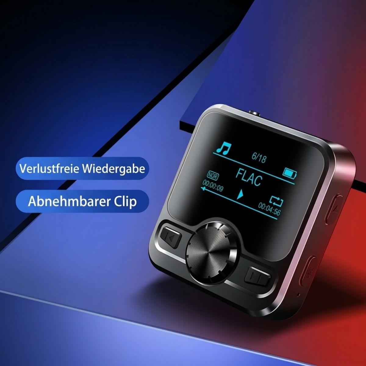 Ein kleiner digitaler Musikplayer mit rundem Lautstärkeregler und Display auf blau-rotem Hintergrund.