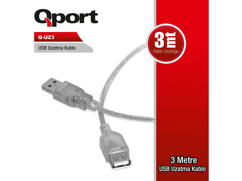 QPORT Q-UZ3 3 m USB Uzatma Kablosu Gri