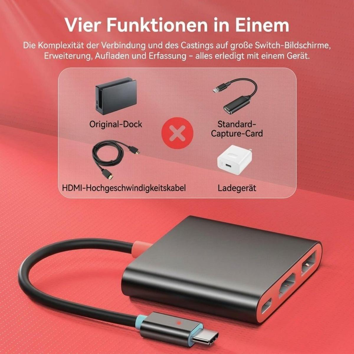 Ein vielseitiger schwarzer Adapter ersetzt vier verschiedene Geräte und bietet Anschluss- und Ladefunktionen.