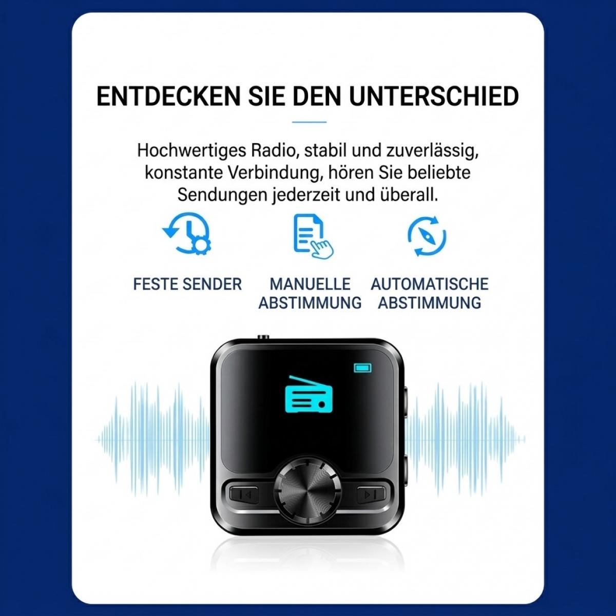 Werbebild für ein kompaktes Radio mit Text und Icons für feste Sender, manuelle und automatische Abstimmung.
