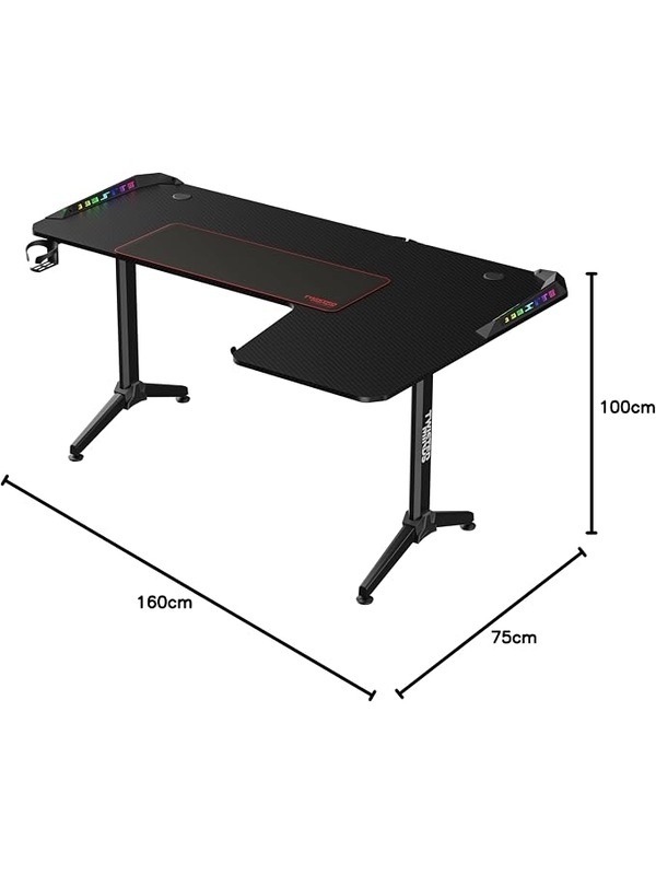 LED aydınlatmalı ve mousepadi olan siyah oyuncu masası. Boyutlar 160x75x100 cm.