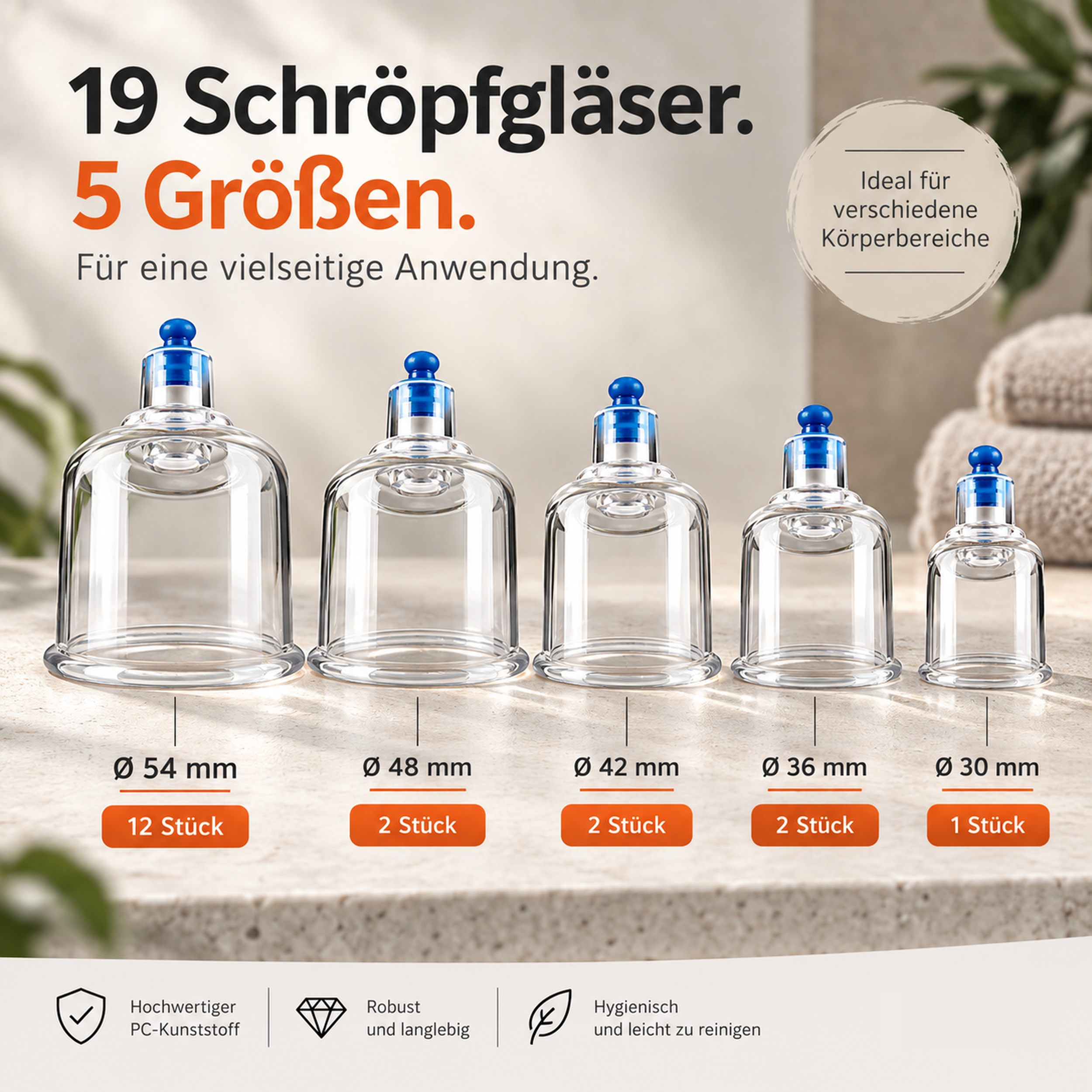 Fünf verschiedene Größen transparenter Schröpfgläser aus Kunststoff auf einer Oberfläche mit deutschem Text.