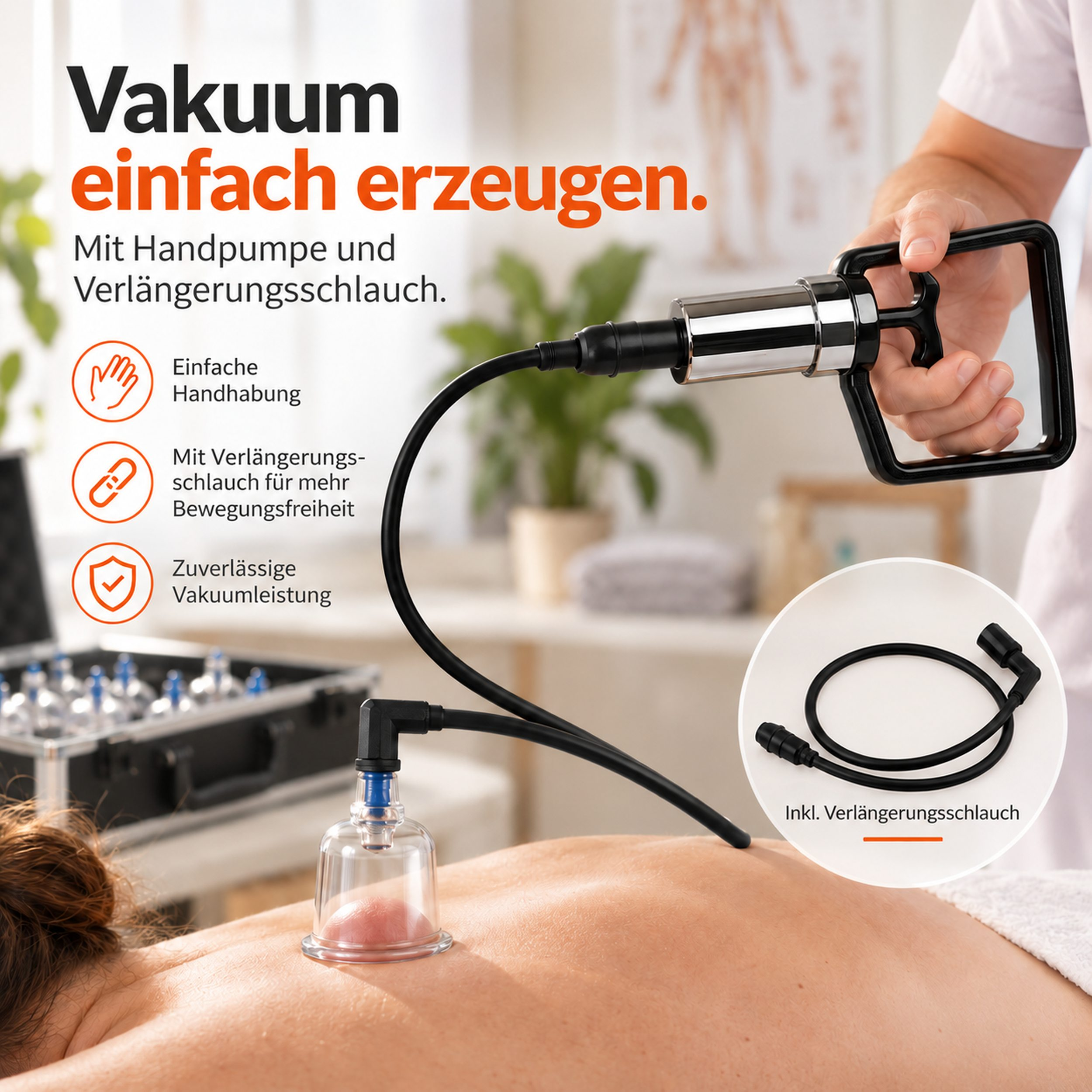 Handpumpe mit Schlauch und Cupping-Glas auf einem Rücken, mit Text und Infografiken.