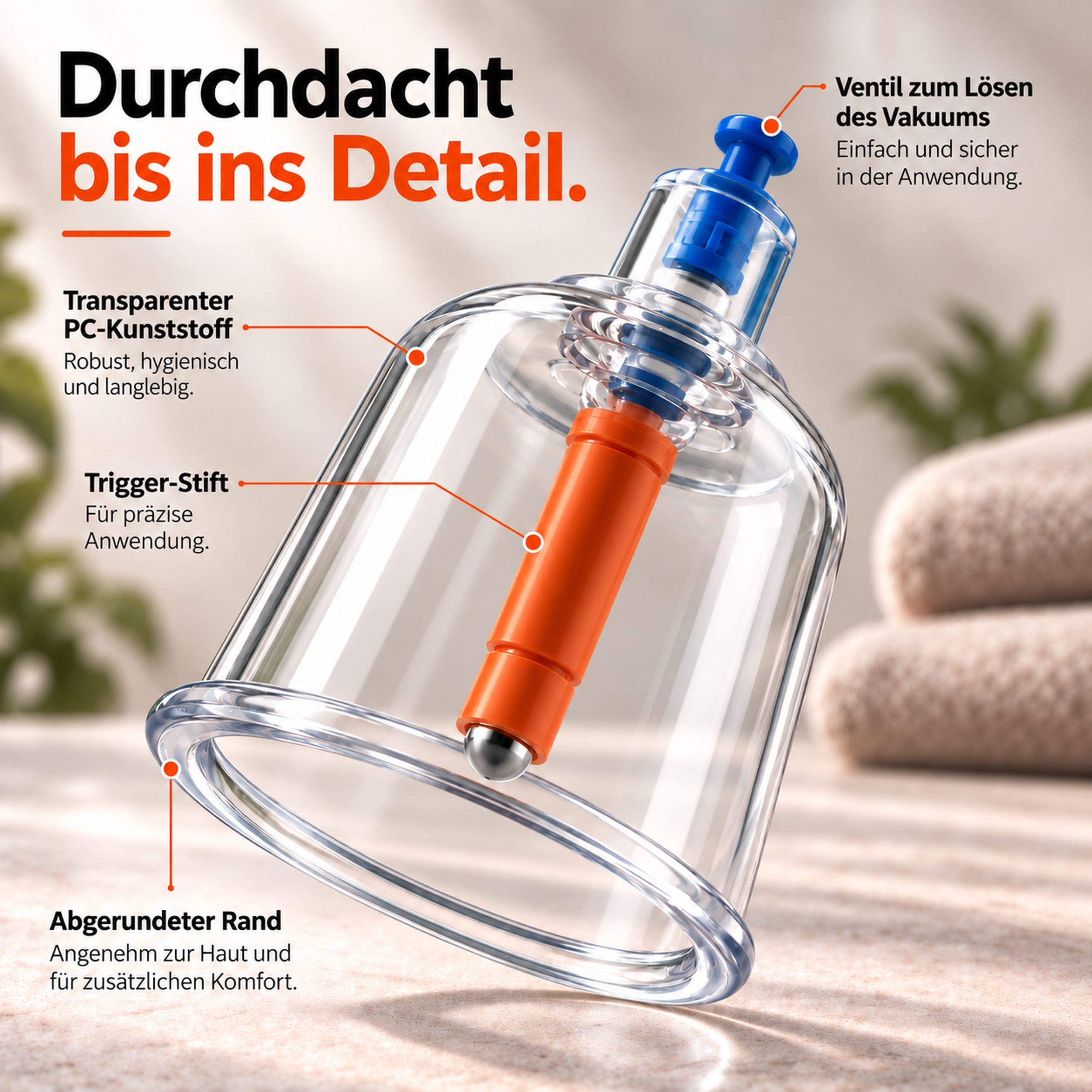 Transparente Cupping-Glocke aus Kunststoff mit orangefarbenem Stift und blauer Pumpe, beschriftet auf Deutsch.