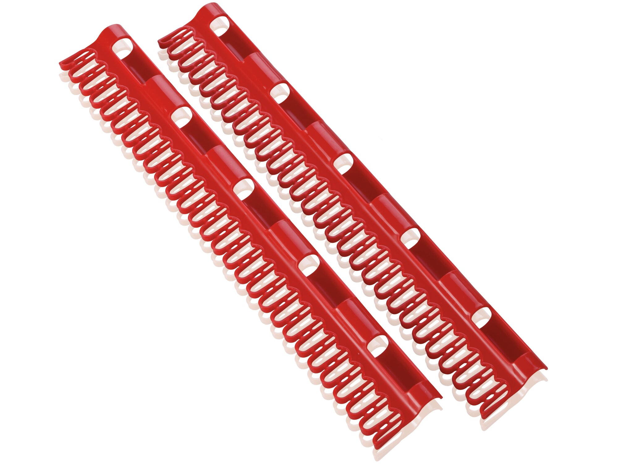 Due dorsi per rilegatura in plastica rossa su sfondo bianco.