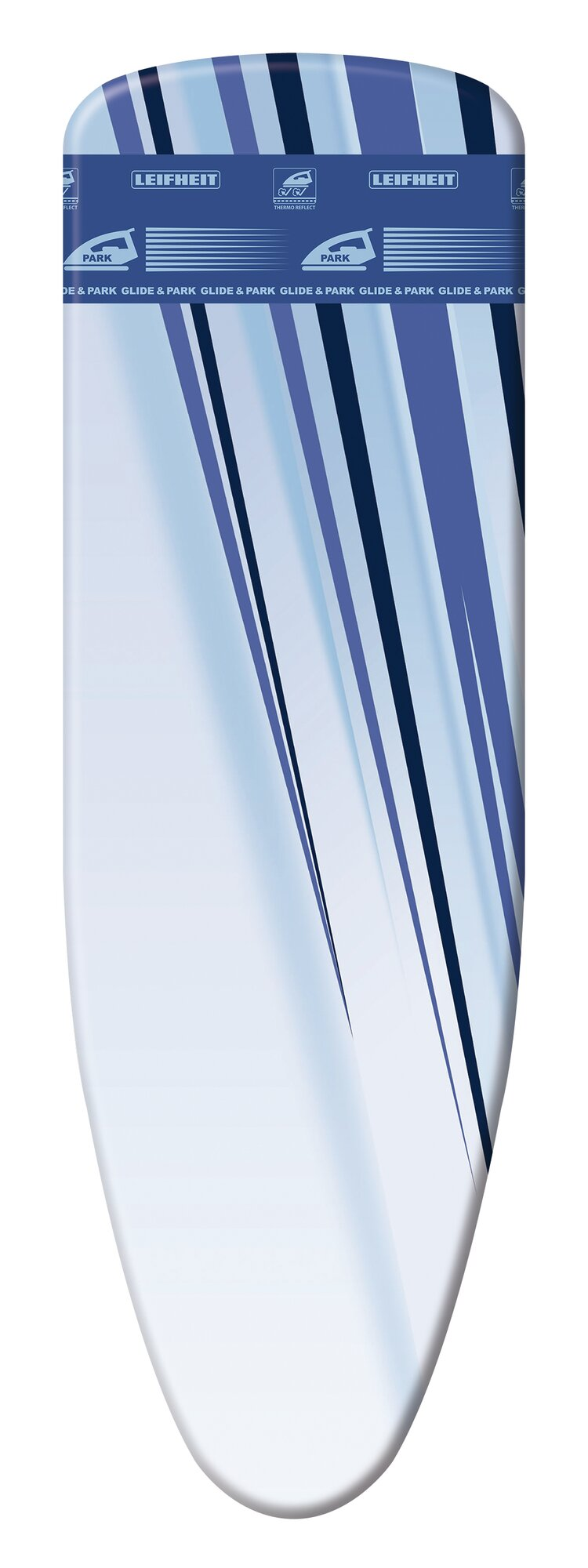 Ein Leifheit Bügelbrettbezug mit blauen, diagonalen Streifen und Markenlogos.