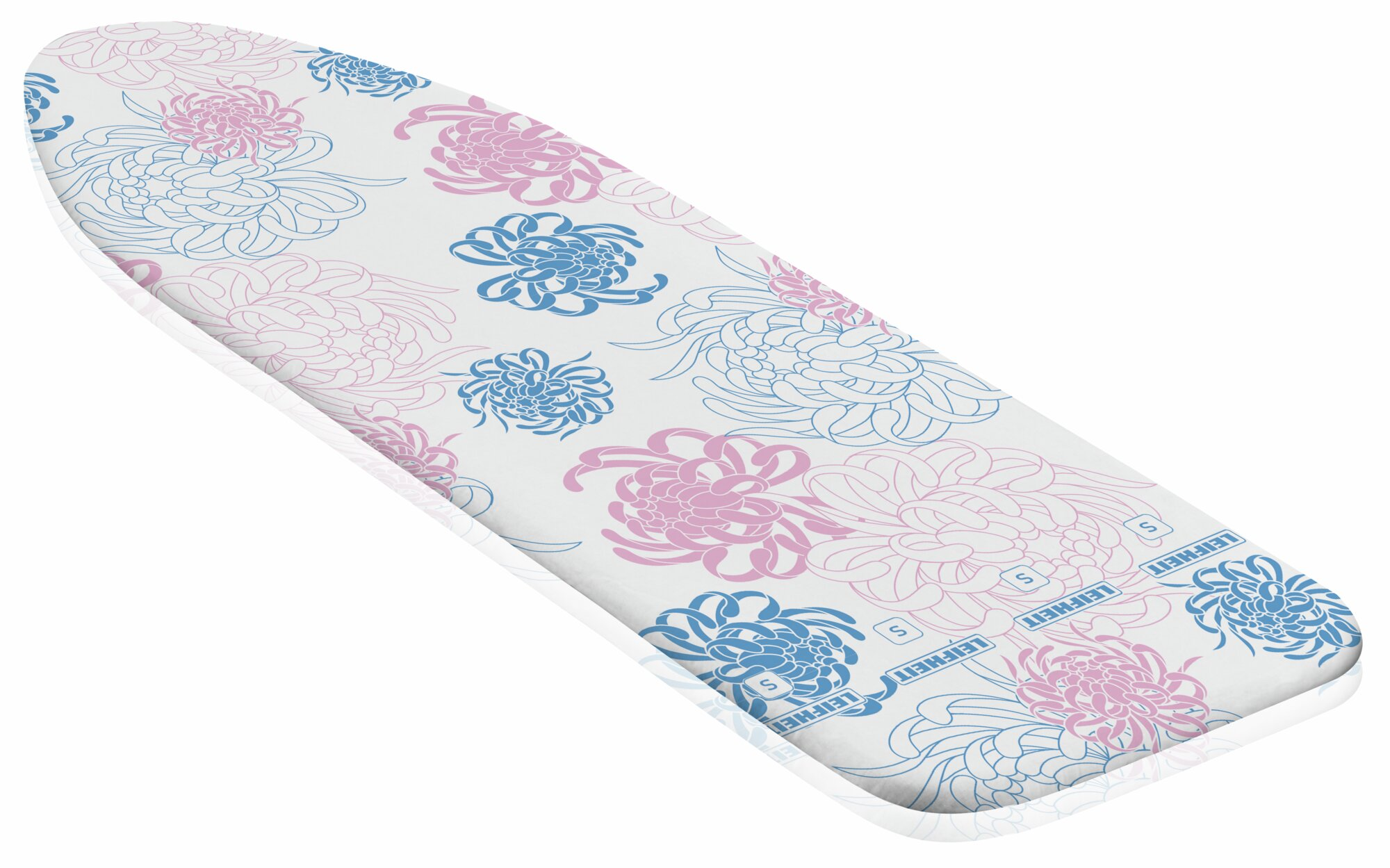 Un copriasse da stiro con motivi floreali blu e rosa su fondo bianco, isolato.